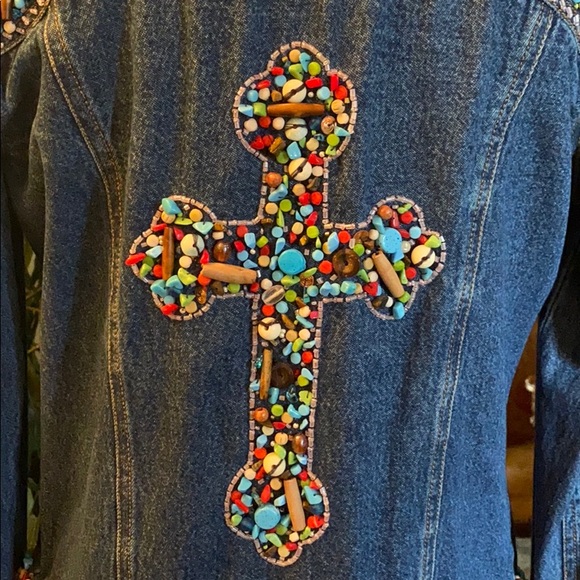 One of a kind: Turquoise Beaded jean jacket with cross on back - Picture 7 of 8